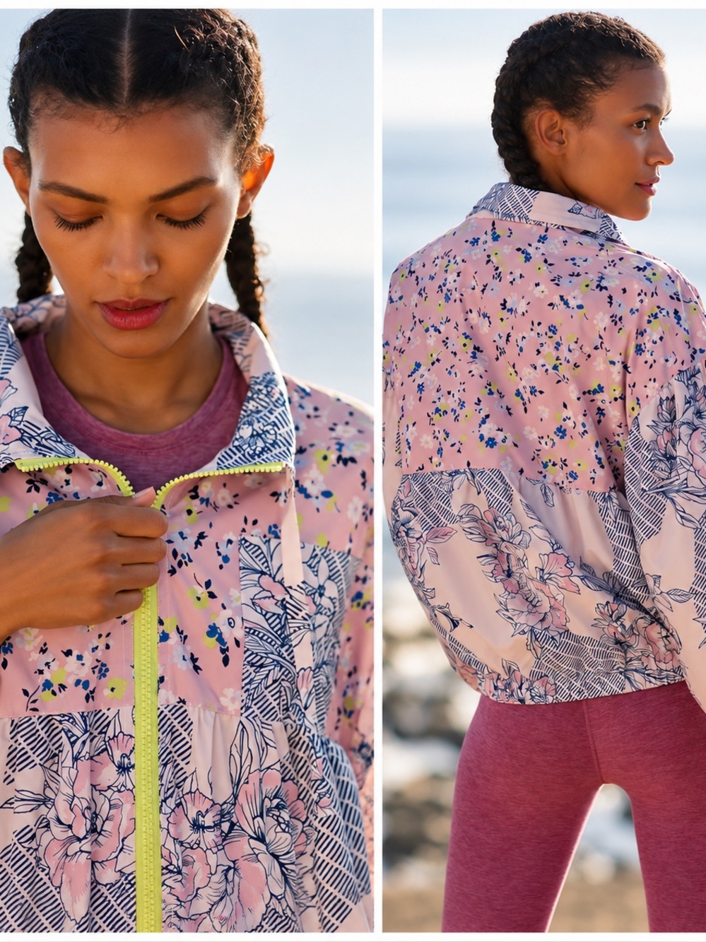 Daily Practice Anthropologie Floral Windbreaker Jacket Pink Neon Zip Size S